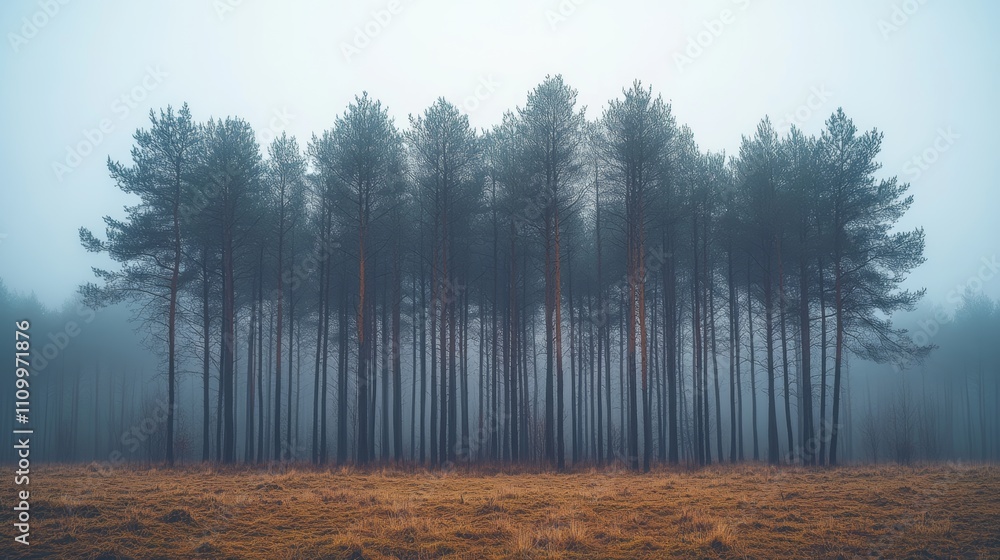 Poster a row of tall pine trees stand in a misty field, creating a mysterious and serene atmosphere.