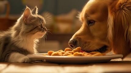 Playful Interaction Between Cat and Dog at Dinner Time Together