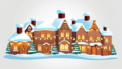 Fototapeta premium Charming winter houses decorated with lights and surrounded by snow.