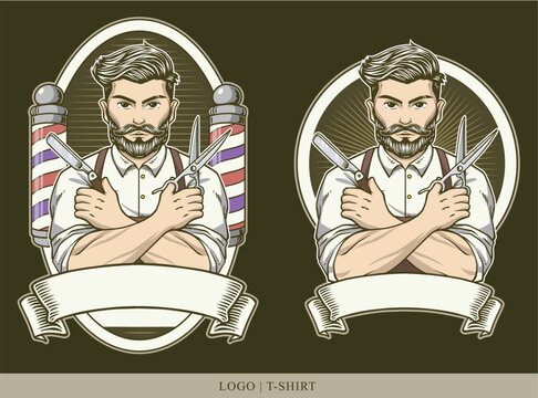 Barber man mascot logo holding scissors and razor with pole. Barbershop cartoon vector vintage retro illustration
