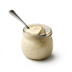 A jar of tangy horseradish sauce with a spoon, isolated white background, hyperrealism art style