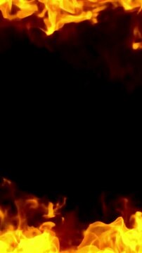 Burning fire flames border frame with dark black center for text overlay or video background
