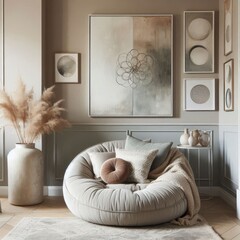 Cozy corner with round chair bed, soft pillows, abstract art and decorative vases in neutral toned space. Shabby chic interior design in French country style for modern hall, entryway of the house.