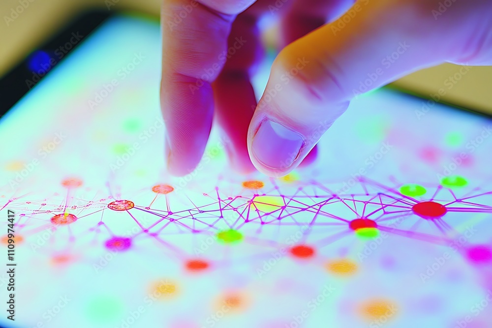 Poster a finger interacts with a colorful digital network on a touchscreen device.
