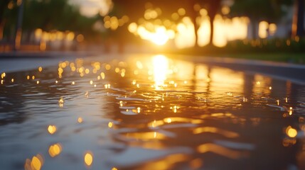 A shallow pool of water reflects the golden light of the setting sun.