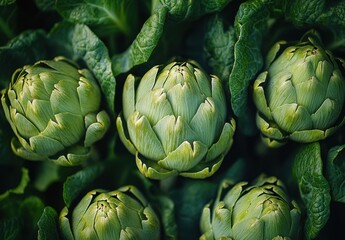 Obraz premium Fresh Artichokes Nestled Among Lush Green Leaves, Capturing the Essence of Organic Farming and Vibrant Produce for Culinary Inspiration and Healthy Eating