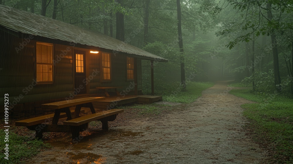 Poster a small cabin in the woods with a path leading away. the windows are lit and the front porch is empt