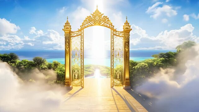 Open golden gates of Paradise against white clouds. Entrance to the afterlife for the righteous. Open golden gates of Paradise welcome the righteous to eternal peace.