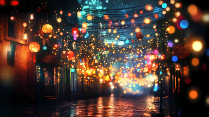 Fototapeta premium A city street illuminated with diwali string lights, with the bokeh effect creating a magical and festive atmosphere. Illuminated. Illustration