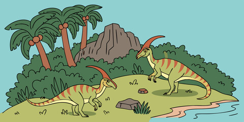 Scene with dinosaurs parasaurolophus on island illustration
