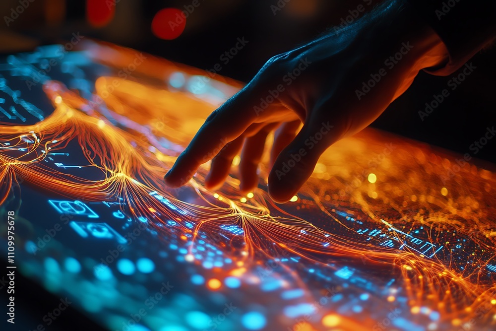 Poster a hand interacts with a vibrant digital interface displaying data visualizations.