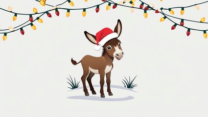 Cute donkey wearing a Santa hat, surrounded by festive lights.