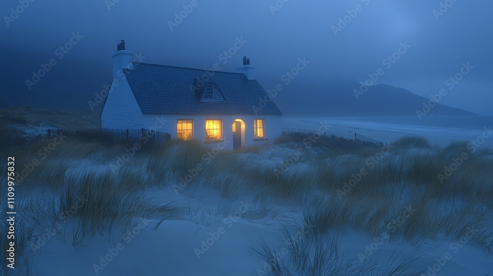 Poster a small white cottage with a warm glow from its windows sits on a sandy beach with tall grass in the