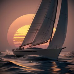 digital illustration of a sailboat sailing on the ocean at sunset, The boat is in the center of the image