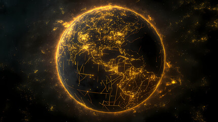 A digital rendering of a planet with a glowing surface, illuminated by a web of yellow lines connecting various cities around the globe. Illuminated. Illustration