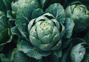 Obraz premium Fresh Green Cabbage Head Surrounded by Lush Green Leaves on a Vegetable Farm in Natural Light, Perfect for Healthy Eating and Organic Produce Promotion