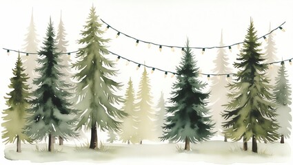 Obraz premium Festive evergreen trees adorned with string lights in winter.