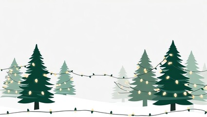 Fototapeta premium Festive evergreen trees adorned with twinkling lights in winter.