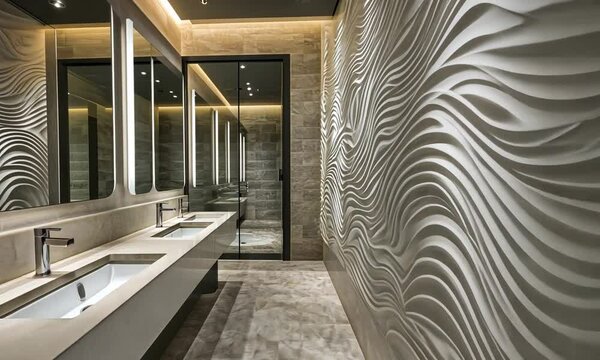 Modern restroom featuring elegant sinks and a textured wall design.