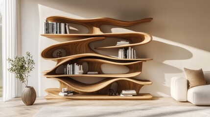 Modern organic wooden bookshelf in living room.