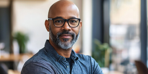 Obraz premium Portrait of an African American man with glasses, a bald head, and a beard wearing black-framed eyeglasses in casual attire, generative AI