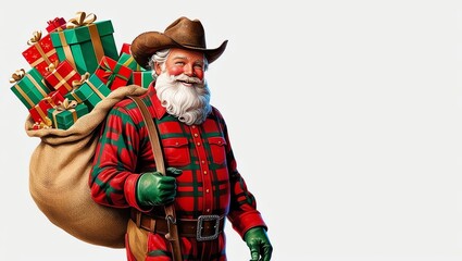 Jolly man in cowboy attire carrying a festive sack of gifts.