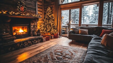 Cozy Cabin Interior with Christmas Tree, Fireplace, and Snow-Covered View