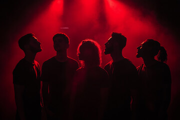 A group of people standing close together on music stage. red rim light.
