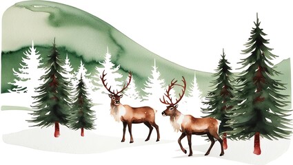 Reindeer standing among vibrant pine trees in a winter landscape.