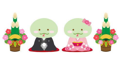 着物姿のかわいい干支シリーズ　巳年カップルと正月飾りの門松　蛇/男女/新年のご挨拶
