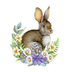Easter mood festive decor with cute bunny surrounded by garden primrose flowers illustration. Realistic detailed, perfect for holiday decor, cards and seasonal designs. Isolated on white background