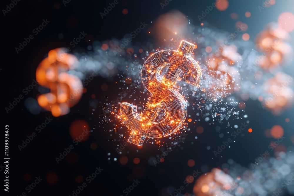 Poster digital dollar sign with glowing particles and sparkling background