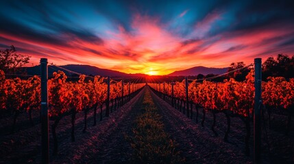 Obraz premium A vibrant sunset casts a warm glow over a vineyard, with rows of vines leading towards the horizon.