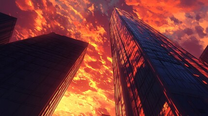 Fiery Sunset Over Skyscrapers: A Cityscape at Twilight