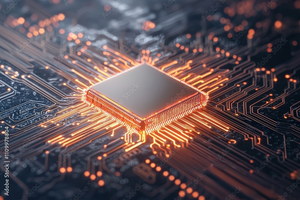 Poster stunning close-up of computer chip on circuit board with glowing connections