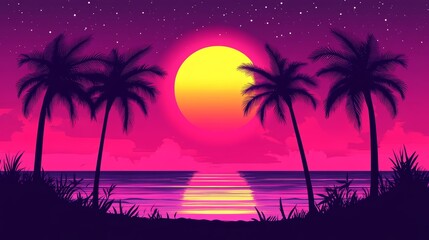 A vibrant sunset over a tropical beach with palm trees silhouetted against the colorful sky.