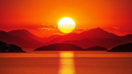 Naklejka premium A vibrant sunset over the ocean, casting a warm glow over the distant mountain range and reflecting in the calm water.