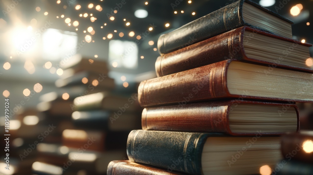 Poster stack of antique books with shimmering light and bokeh effect in a cozy library