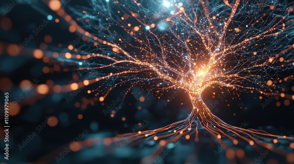 Poster glowing digital tree with bright nodes and illuminated roots in abstract background