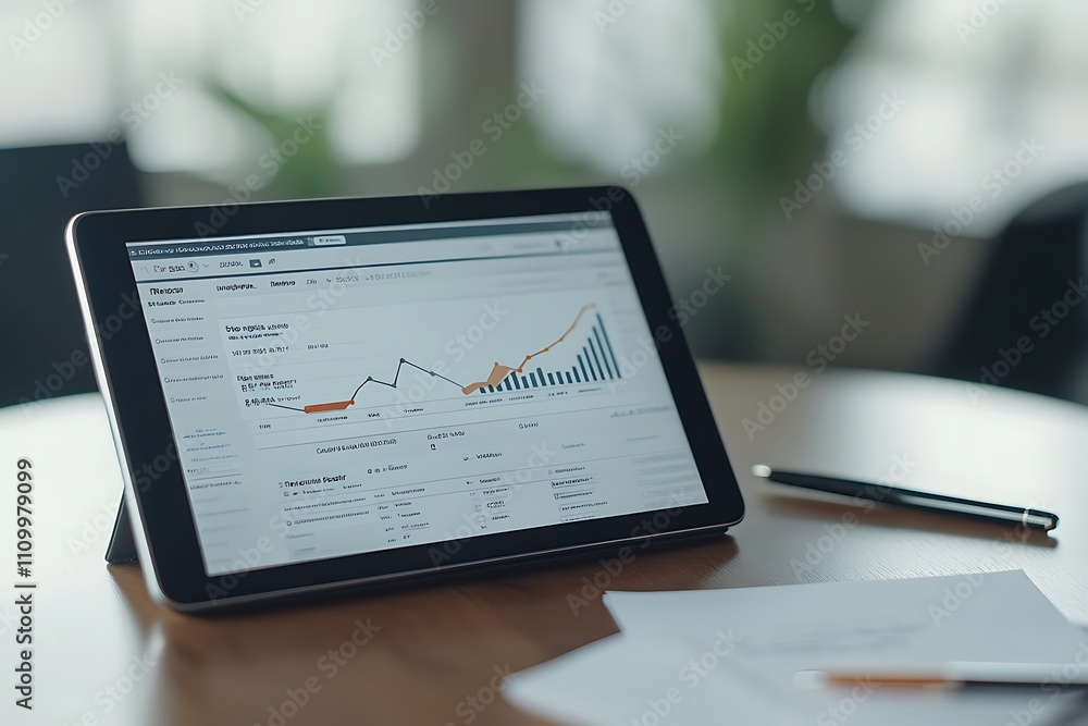 Poster a tablet displaying a financial dashboard with graphs and data analysis.