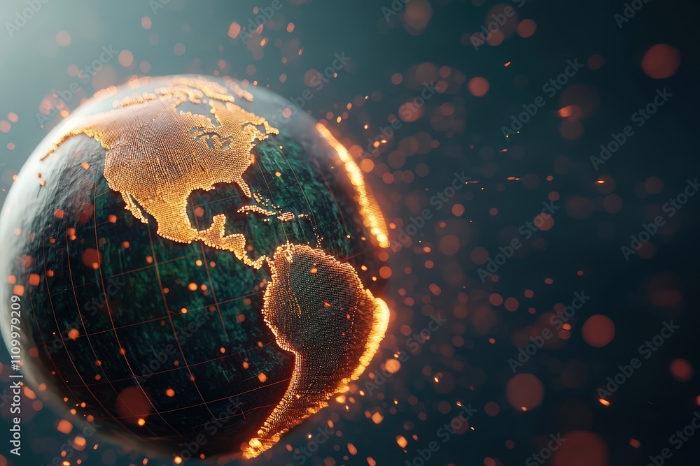 Poster glowing earth globe with abstract particles and sparkling lights in dark background