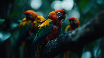 Fototapeta premium Stunning Scarlet Macaw Perched on Branch in Lush Tropical Forest
