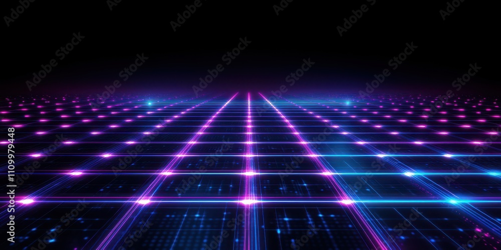 Poster Futuristic Digital Landscape with Neon Grid and Illuminated Points in a Dark Background Ideal for Technology and Sci-Fi Themes