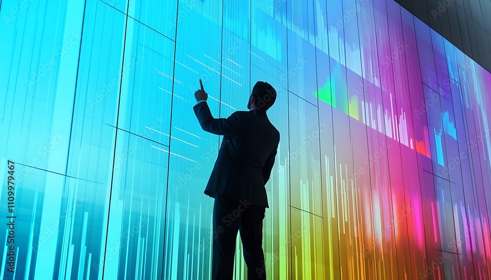 Poster a silhouette of a person analyzing colorful data visualizations on a large screen.