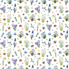 Springtime mood seamless pattern in tender colors with primrose garden flowers, bees, butterflies on white background. Ideal for spring season decor element, seasonal cards, spring-themed design