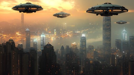 Futuristic Alien Cityscape with Hovering Spaceships at Dusk