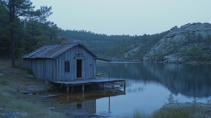 Fototapeta premium A weathered wooden cabin sits on a lake shore with a small wooden dock extending into the water. The surrounding landscape is dotted with trees and rocky hills.
