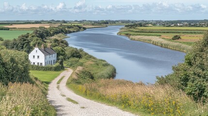 A white farmhouse sits on a hill overlooking a winding river and lush green fields.