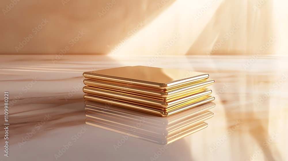 Poster a stack of shiny gold bars resting on a reflective surface, illuminated by soft light.