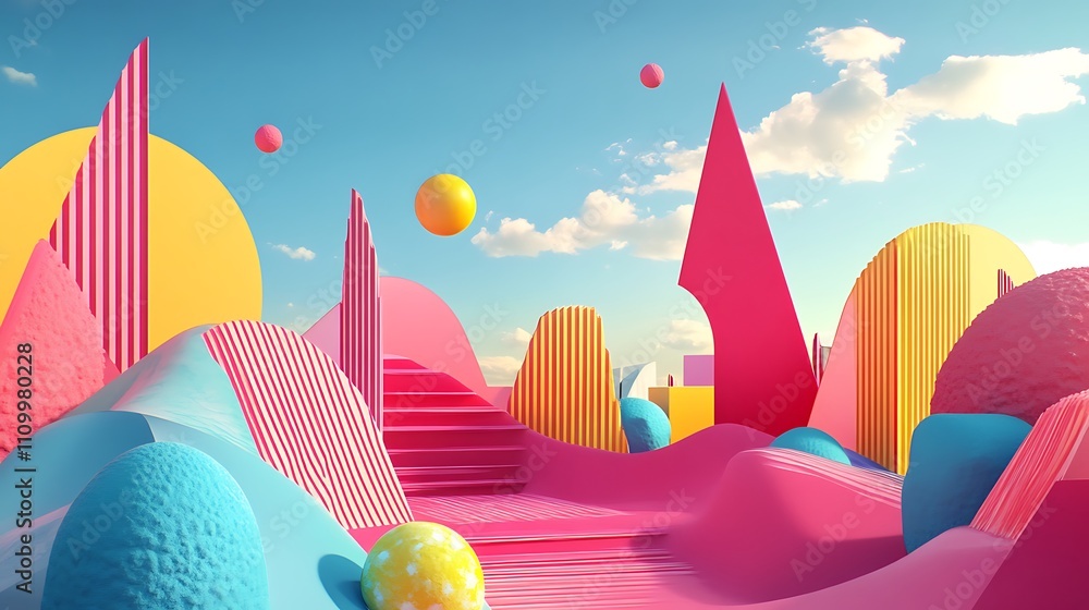 Poster 3d rendering of surreal colorful abstract shapes with bright blue sky clouds background.